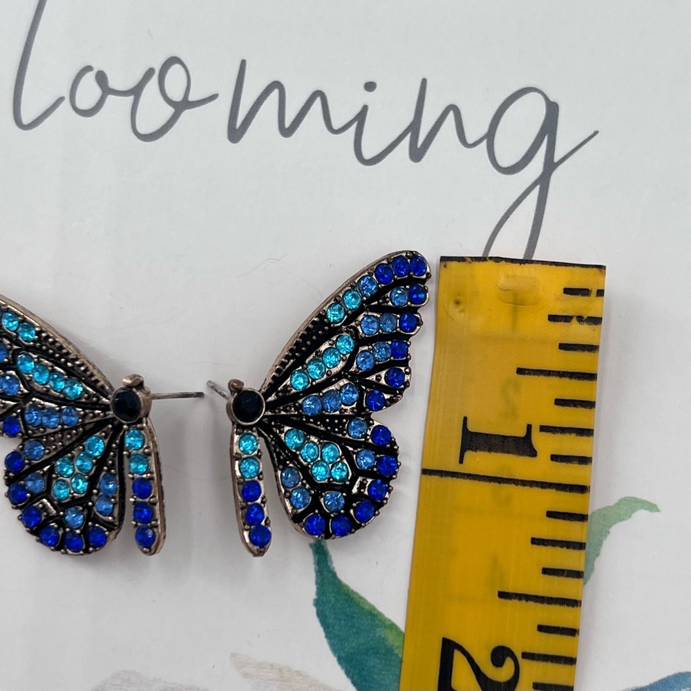 Earring Blue Butterfly Wing Rhinestone Post - Picture 5 of 8